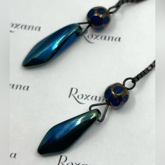 Blue and gold Earrings- Cathedral crystal Beads - Picture 3 of 3